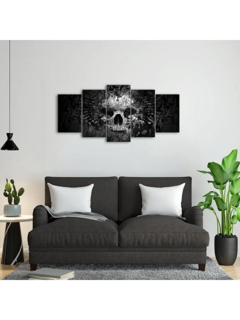 5-Piece Black & White Skull Canvas Art Set - Abstract Halloween Wall Decor